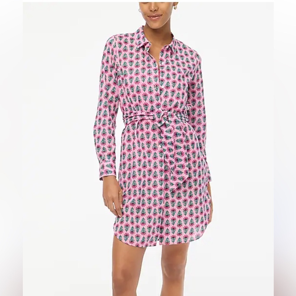 J Crew Shirt Dress Button Front Pink Tie belt